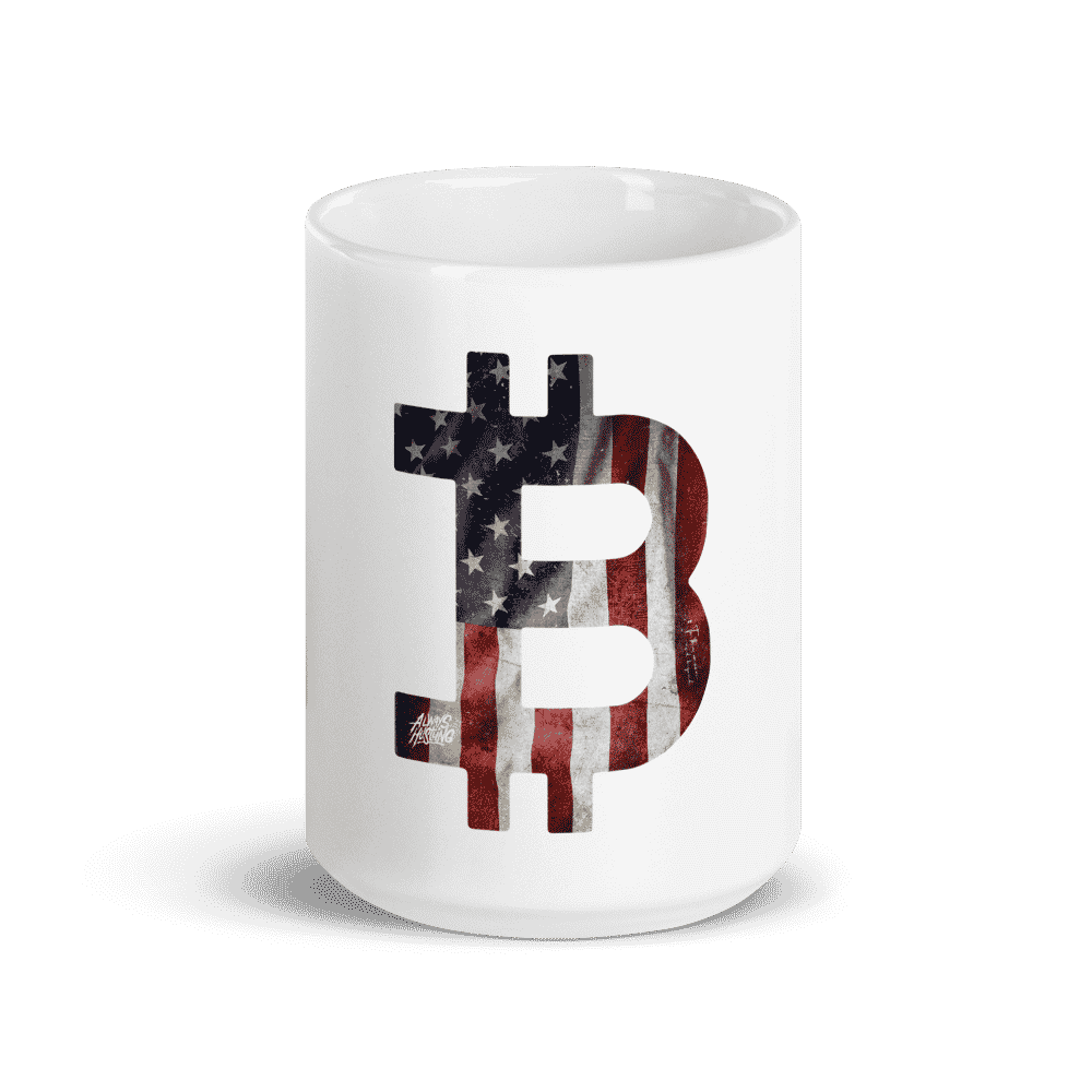 white glossy mug 15oz front view 6096b75a33f8b - Bitcoin USA Flag mug