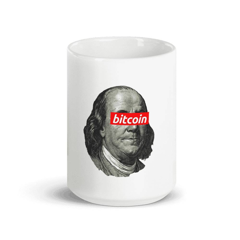 white glossy mug 15oz front view 6096bebcf06f7 - Benjamin Franklin Bitcoin mug