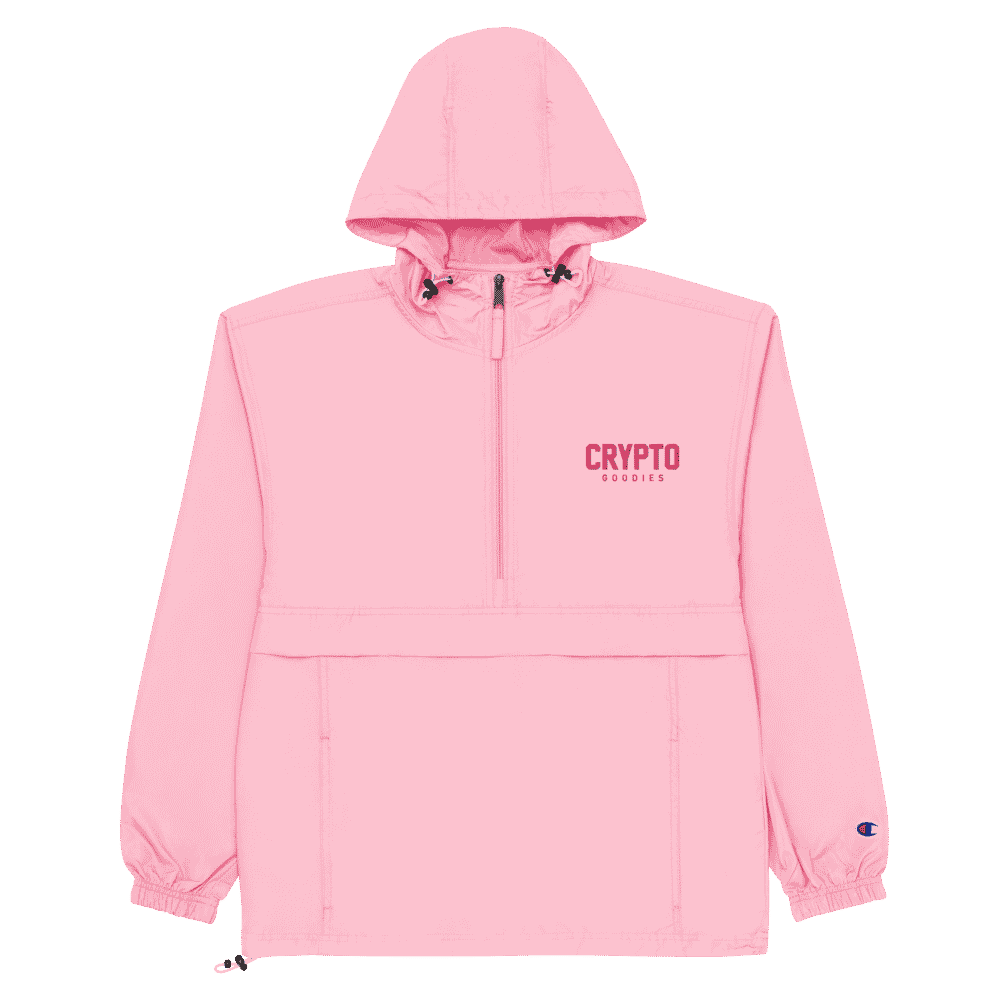 embroidered champion packable jacket pink candy front 60bb1d2de0f2d - Crypto Goodies x Champion Packable Jacket (Pink)