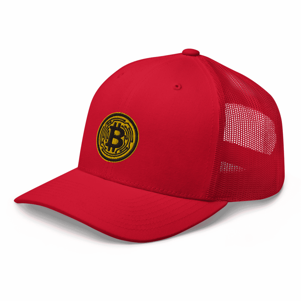 retro trucker hat red left front 614744729f67e - Bitcoin Yellow Circle Trucker Cap