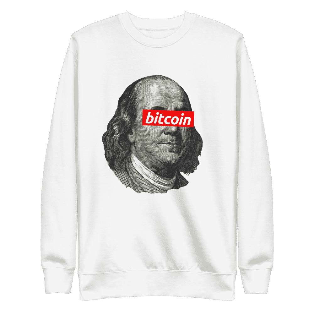 unisex fleece pullover white front 613c822db571c - Benjamin Franklin x Bitcoin Sweatshirt