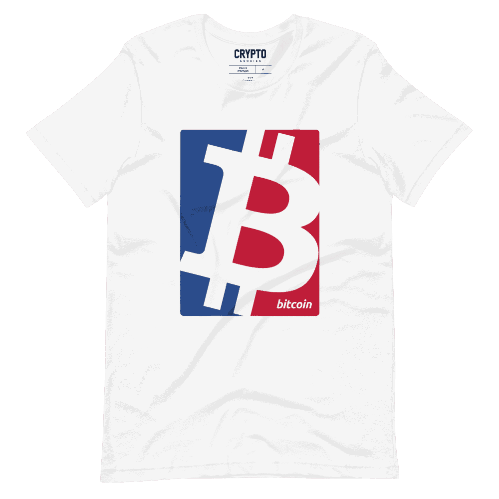 unisex staple t shirt white front 61957a417e5d2 - BTC Bitcoin Red & Blue Logo T-Shirt