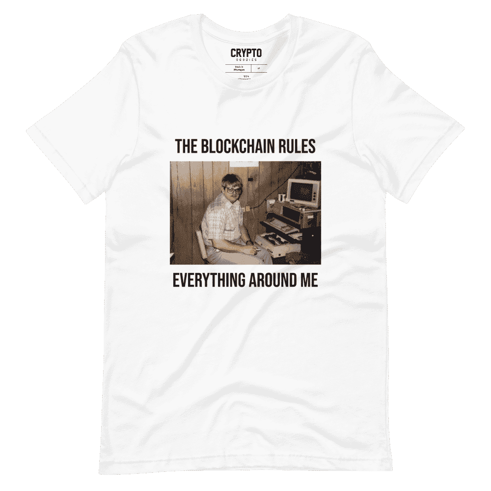 unisex staple t shirt white front 61c8ccb2bd586 - Crypto Geek x The Blockchain Rules Everything Around Me T-Shirt