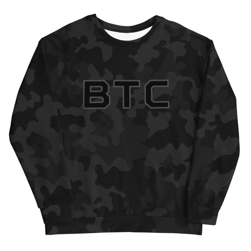 all over print unisex sweatshirt white front 61f5c63b9040a - Bitcoin x BTC Black Camouflage Sweatshirt