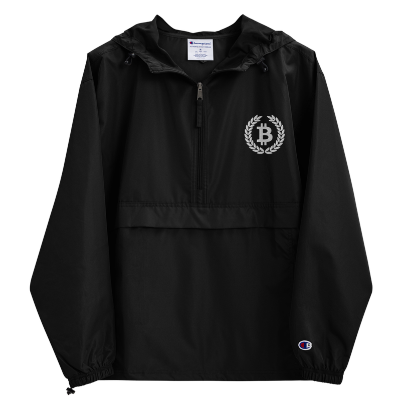 embroidered champion packable jacket black front 61ea8eb9554a3 - Bitcoin Laurel Leaves Logo Champion Packable Jacket