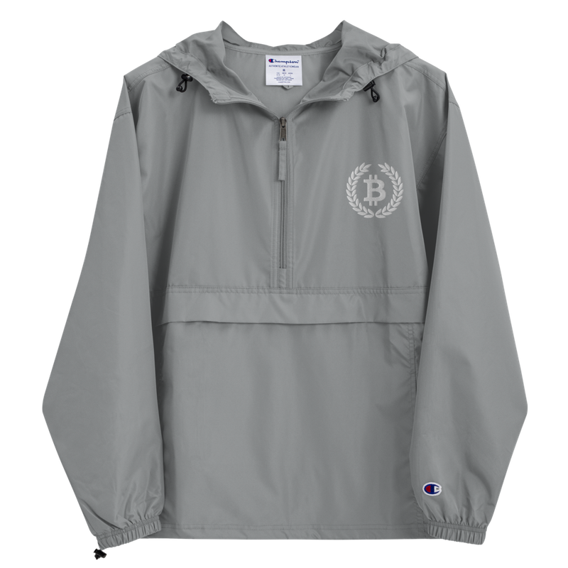 embroidered champion packable jacket graphite front 61ea8eb955677 - Bitcoin Laurel Leaves Logo Champion Packable Jacket