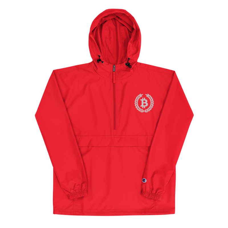 embroidered champion packable jacket scarlet front 61ea8eb955300 - Bitcoin Laurel Leaves Logo Champion Packable Jacket