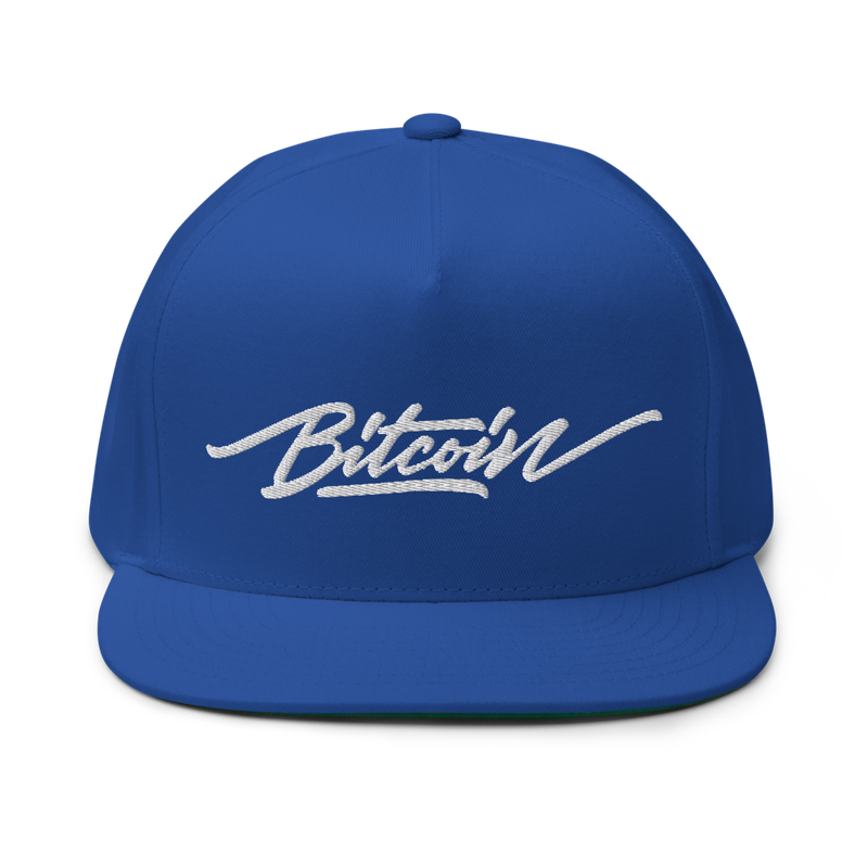flat bill cap royal blue front 61f5d9a7aa582 - Bitcoin x Calligraphy Logo Snapback Hat