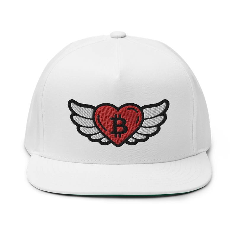 flat bill cap white front 61d9df975a247 - Bitcoin x Heart Angel Wings Snapback Hat