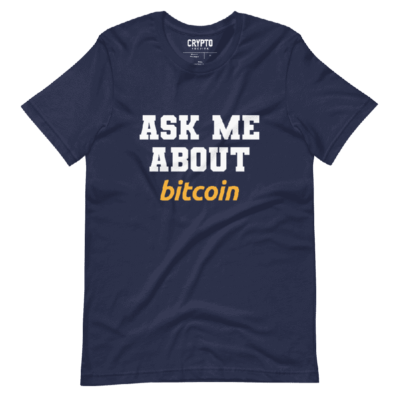 unisex staple t shirt navy front 61e9faf45efba - Ask Me About Bitcoin T-Shirt