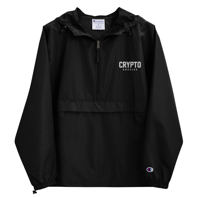 embroidered champion packable jacket black front 61f9b8ee4ebf7 - Crypto Goodies x Champion Packable Jacket (Black)