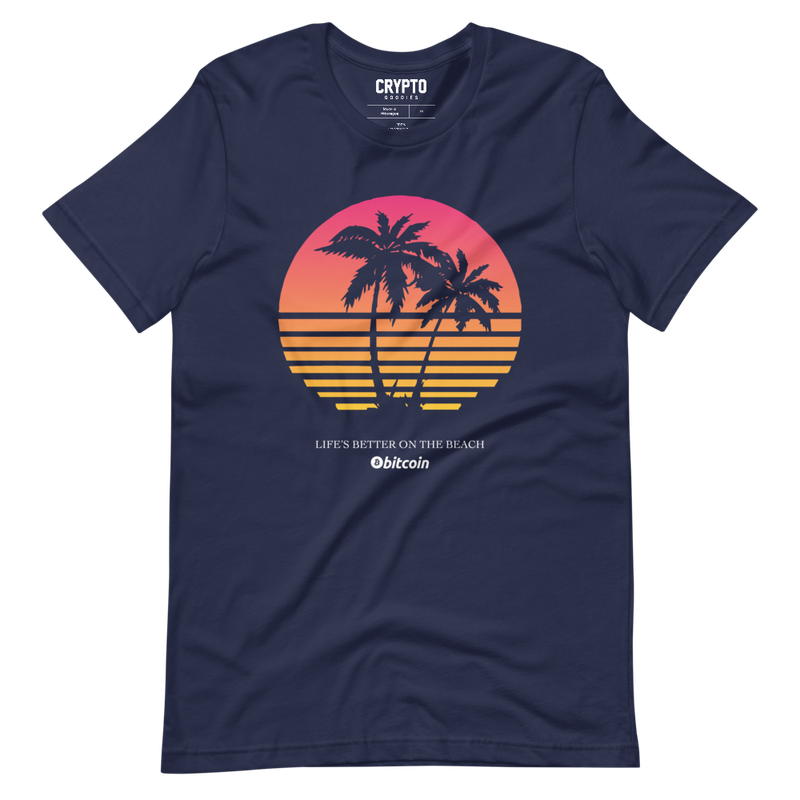 unisex staple t shirt navy front 6216447792fc2 - Bitcoin x Life's Better on the Beach T-Shirt