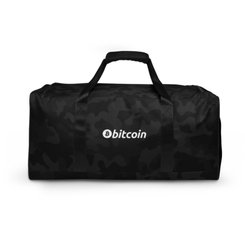 all over print duffle bag white back 62375fe31ae0e - Bitcoin White Logo Black Camouflage Duffle Bag
