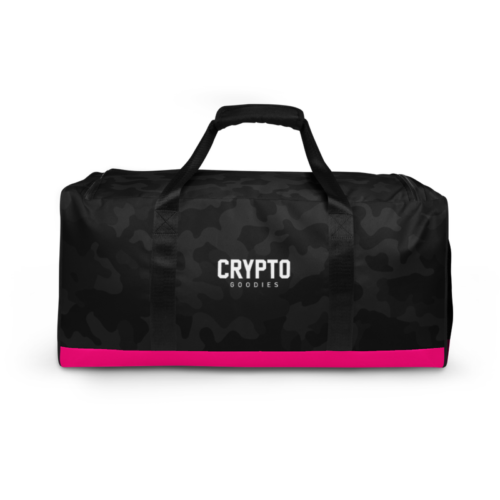 all over print duffle bag white back 6237758d138a0 - Crypto Goodies (Limited Edition) Black Camouflage Duffle Bag
