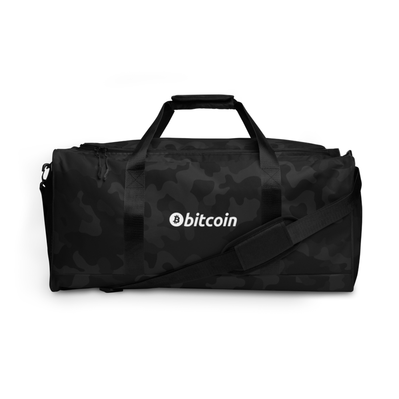 all over print duffle bag white front 62375fe31afc1 - Bitcoin White Logo Black Camouflage Duffle Bag