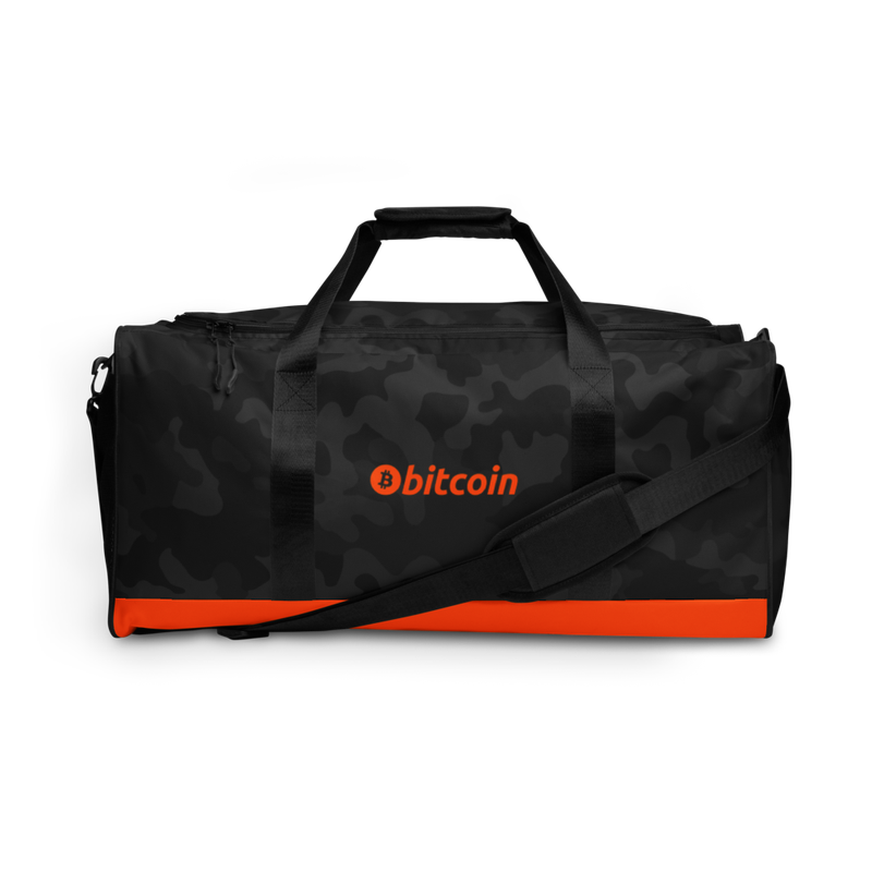 all over print duffle bag white front 6237611aa3677 - Bitcoin (Limited Edition) Black Camouflage Duffle Bag