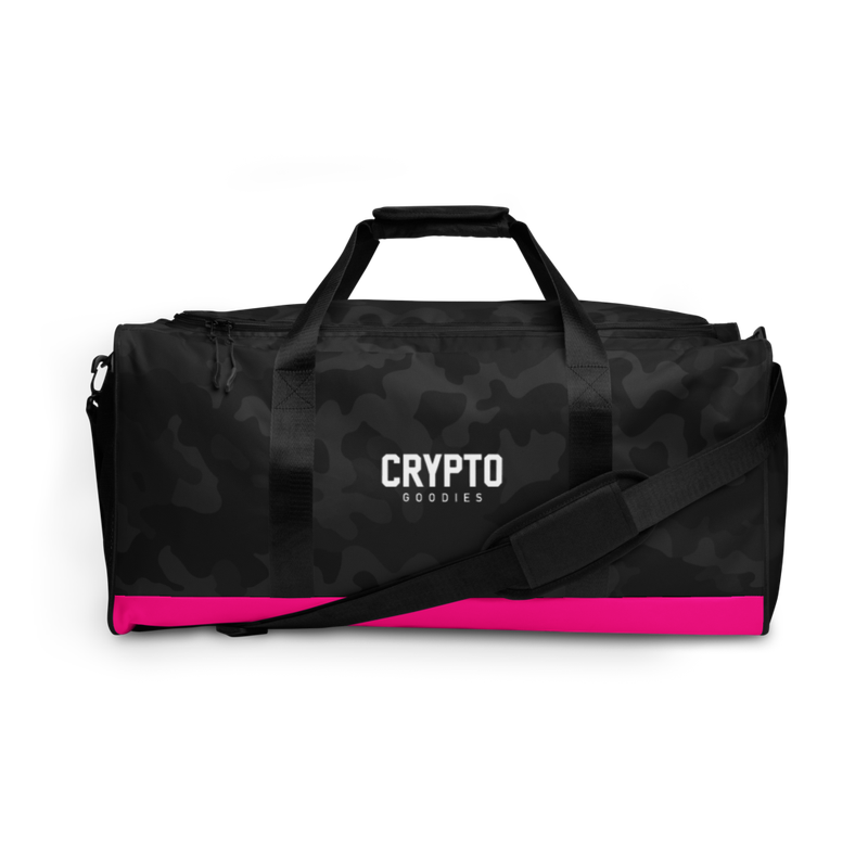 all over print duffle bag white front 6237758d13ae0 - Crypto Goodies (Limited Edition) Black Camouflage Duffle Bag