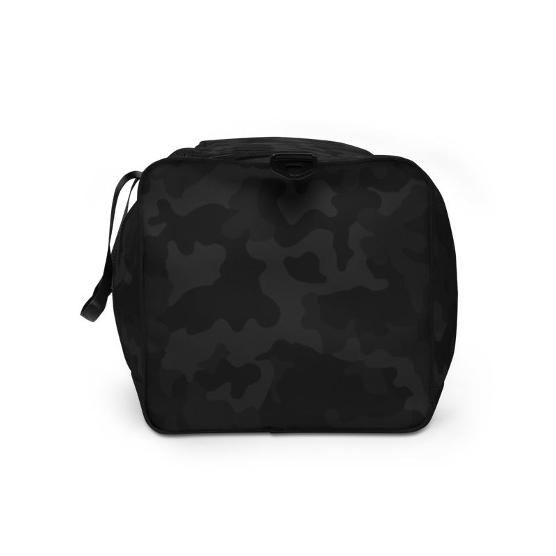 all over print duffle bag white left side 62375fe31b282 - Bitcoin White Logo Black Camouflage Duffle Bag