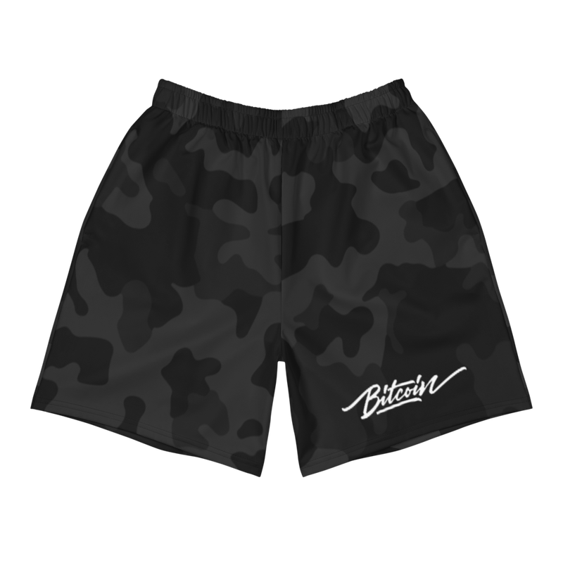 all over print mens athletic long shorts white front 622b5bb95cdad - Bitcoin Black Camouflage Men's Shorts