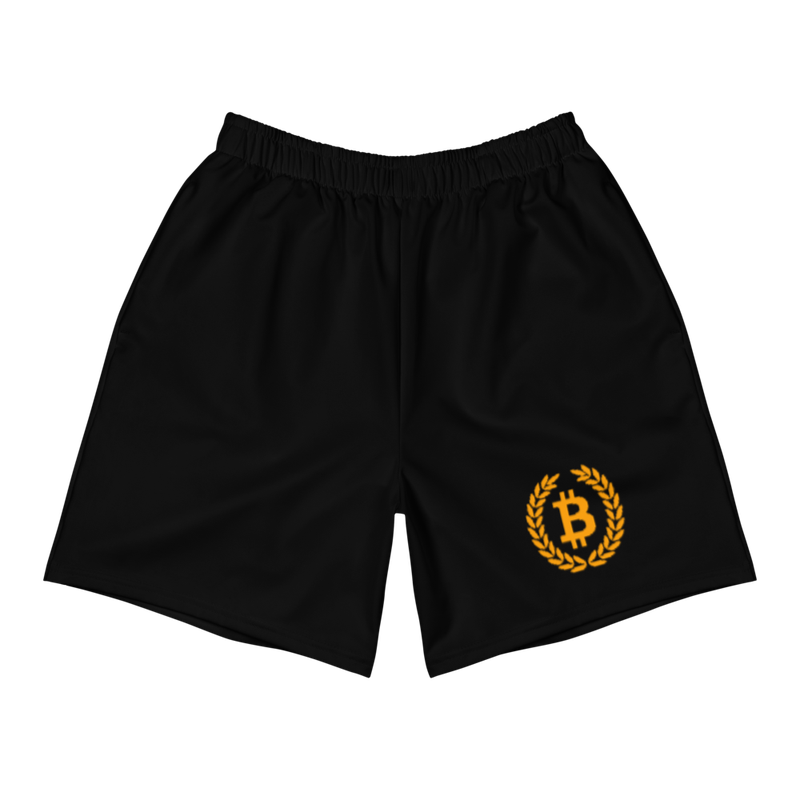 all over print mens athletic long shorts white front 622b5dfba173e - Bitcoin Laurel Leaves Logo Men's Shorts