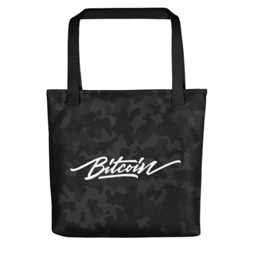 all over print tote black 15x15 mockup 622a6d03c83be - Bitcoin Black Camouflage Tote Bag