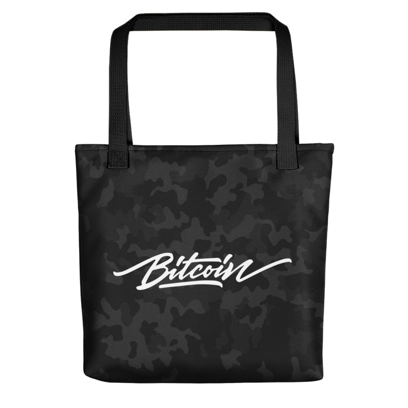 all over print tote black 15x15 mockup 622a6d03c83be - Bitcoin Black Camouflage Tote Bag