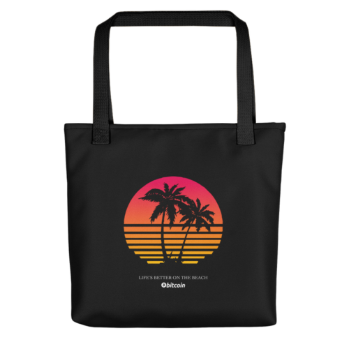 all over print tote black 15x15 mockup 622a724b8d206 - Bitcoin x Life's Better on the Beach Tote Bag