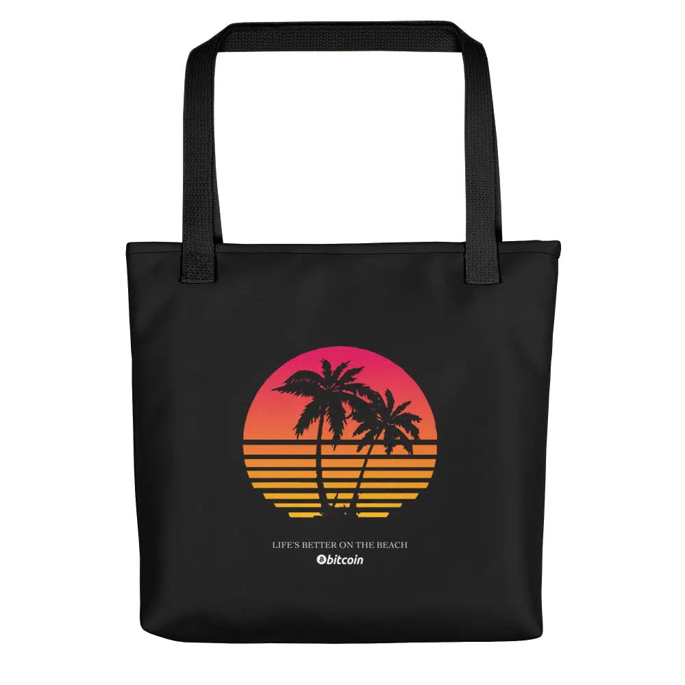 all over print tote black 15x15 mockup 622a724b8d206 - Bitcoin x Life's Better on the Beach Tote Bag