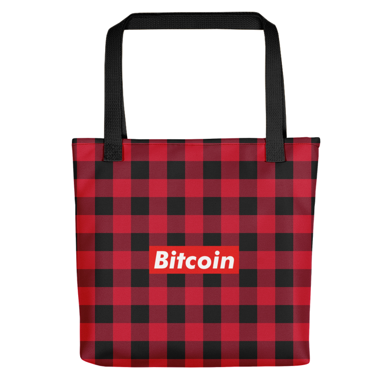 Bitcoin Red Plaid Tote Bag