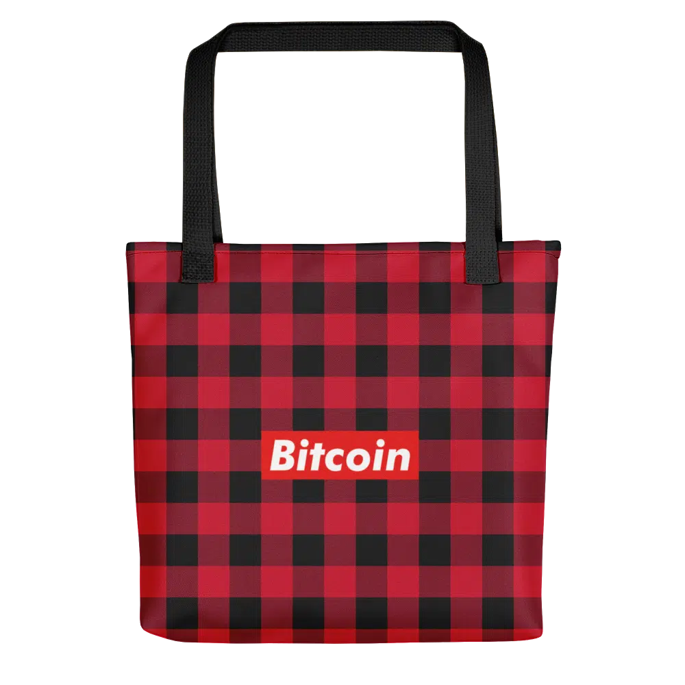 all over print tote black 15x15 mockup 622b455a02d9c - Bitcoin Red Plaid Tote Bag