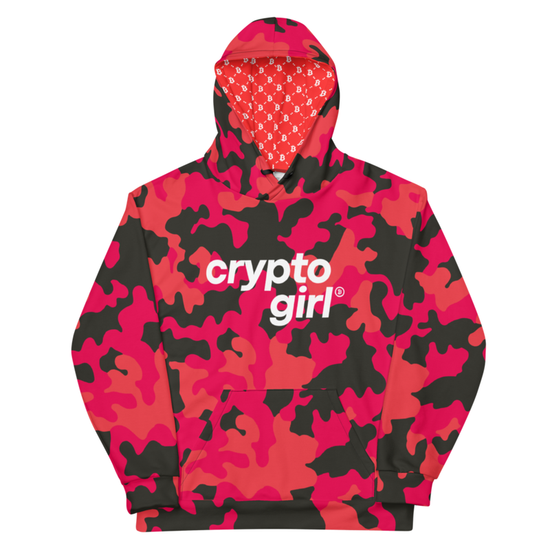 all over print unisex hoodie white front 622bdfe1ddb8c - Crypto Girl Coral Camo Hoodie