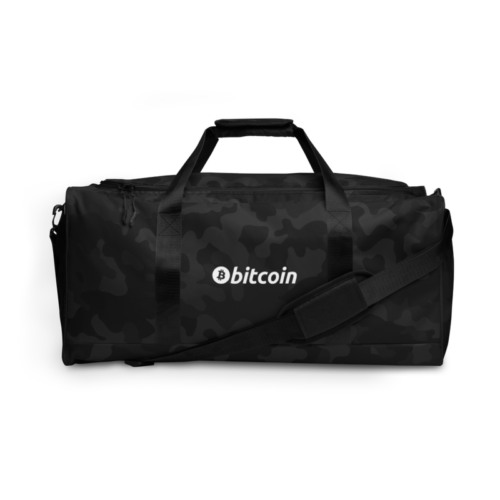 Bitcoin White Logo Black Camouflage Duffle Bag