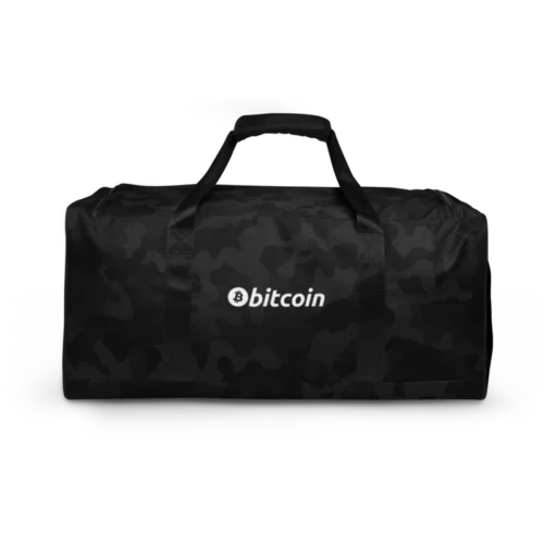 Bitcoin White Logo Black Camouflage Duffle Bag