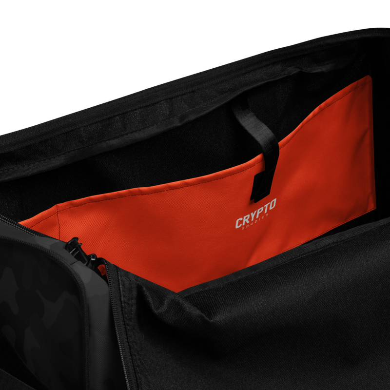 Bitcoin White Logo Black Camouflage Duffle Bag