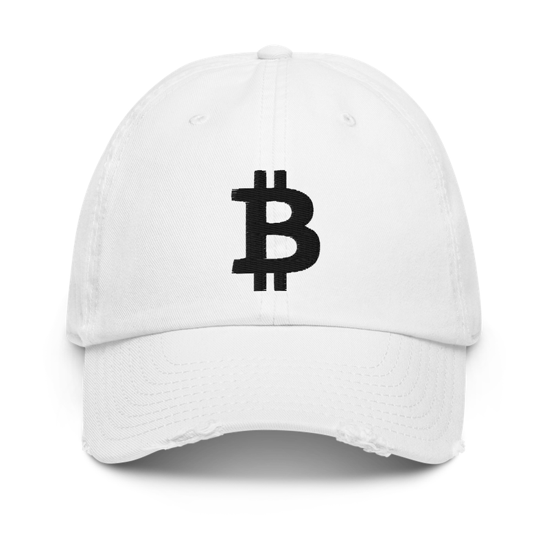 distressed baseball cap white front 623c8d1fdda18 - Bitcoin Logo (BLK) White Distressed Baseball Cap