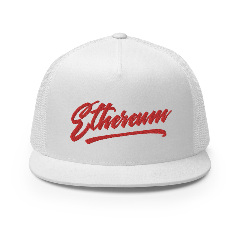 5 panel trucker cap white front 62542c9d84ec6 - Ethereum Calligraphy Logo Trucker Cap