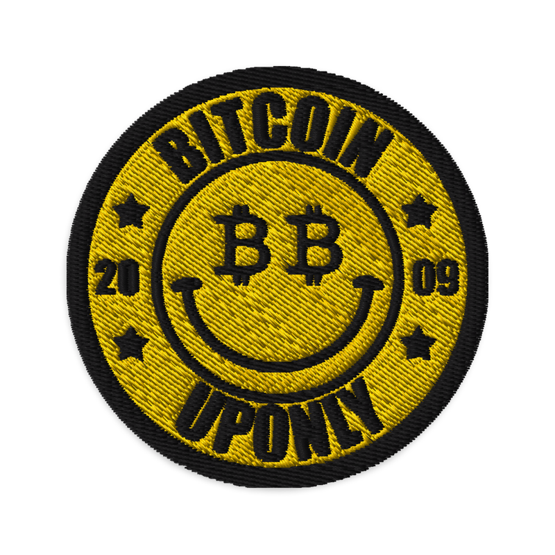embroidered patches black front 6259916548e6e - Bitcoin Up Only Smiley Embroidered Patch