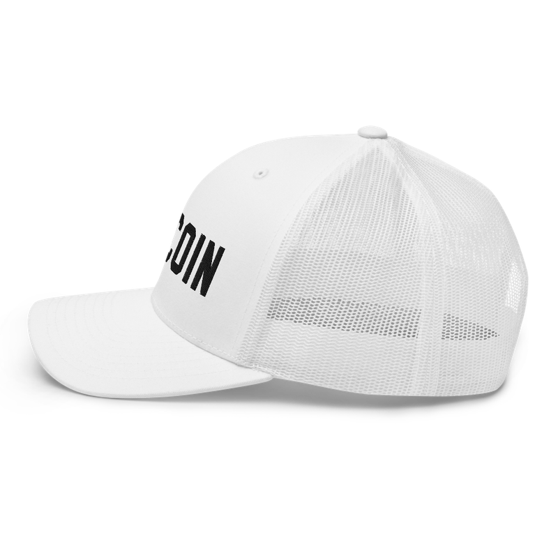 retro trucker hat white left 625085210157a - Bitcoin 3D Text Logo Trucker Cap