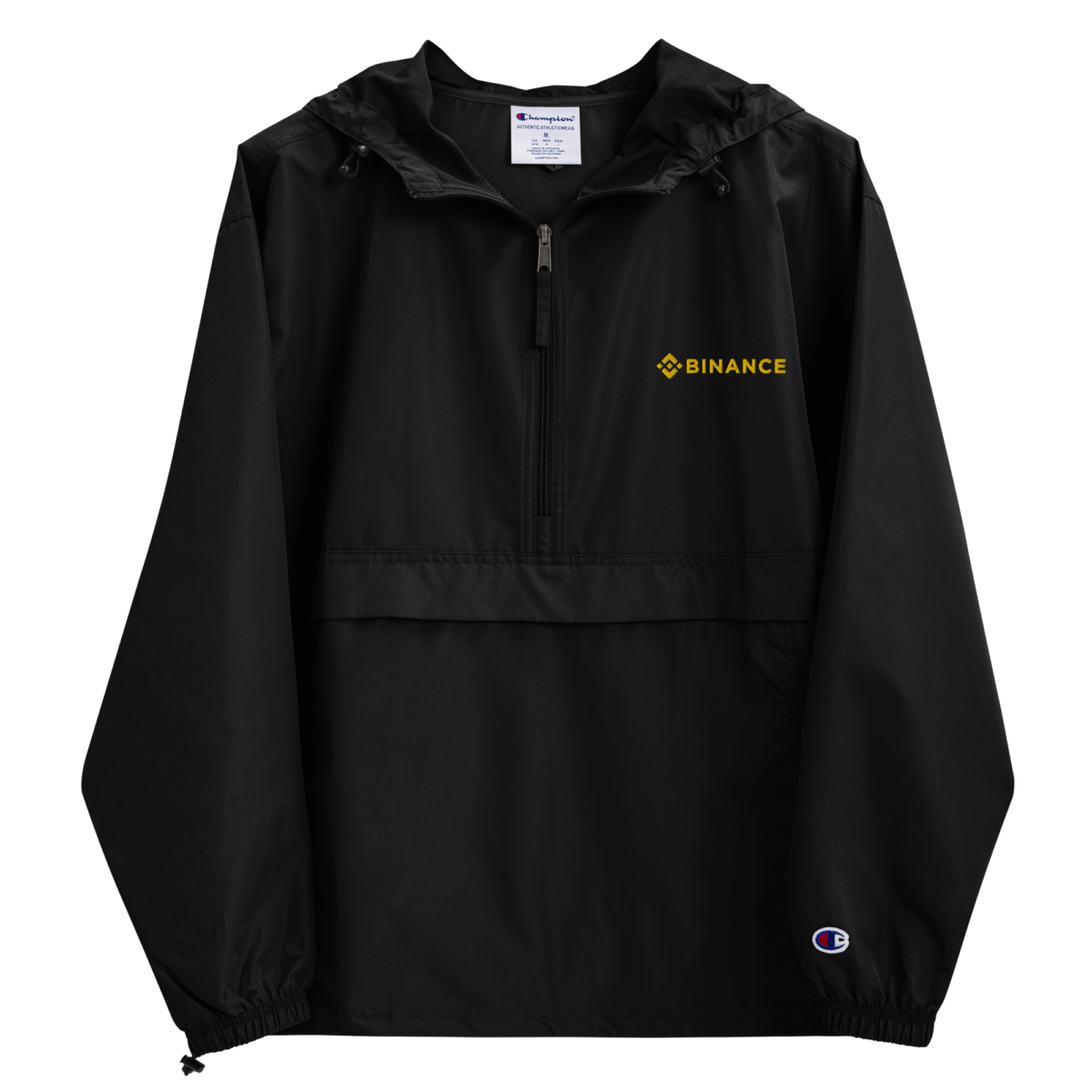 embroidered champion packable jacket black front 631f50ca5cab4 - Binance x Champion Packable Jacket