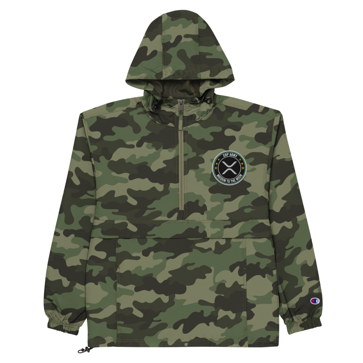 embroidered champion packable jacket olive green camo front 631f41e67276b - XRP Army: Mission to the Moon Champion Packable Jacket