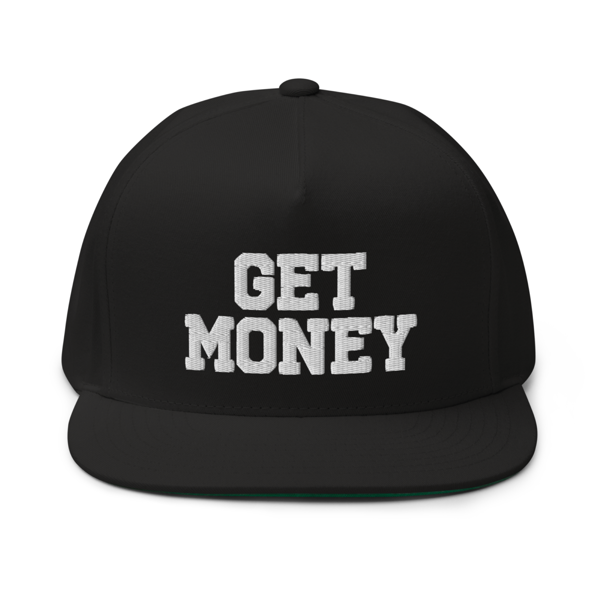 flat bill cap black front 63a3252f270bd - Get Money Snapback Hat