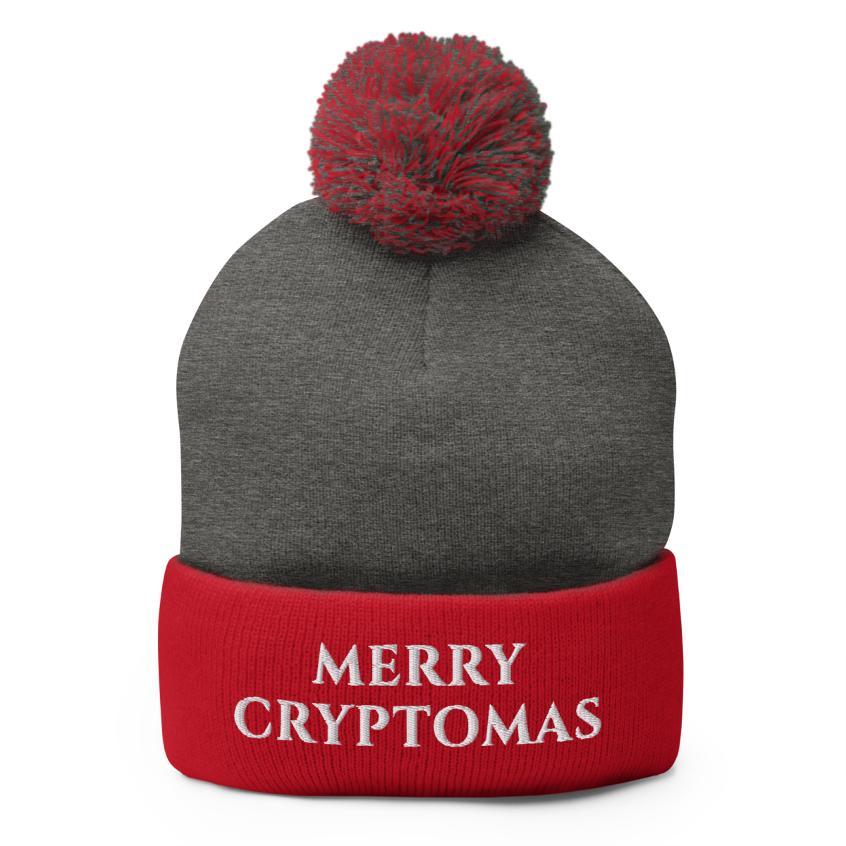 pom pom knit cap dark heather grey red front 638a6378a1f64 - Merry Cryptomas Pom-Pom Beanie