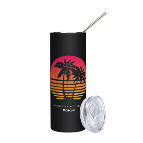 stainless steel tumbler black front 63a0663943d48 - Bitcoin: Life's Better On The Beach Stainless Steel Tumbler