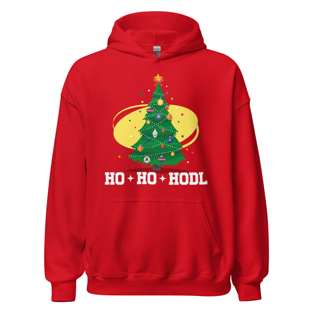 unisex heavy blend hoodie red front 638a32693771f - HO! HO! HODL! Xmas Tree Hoodie