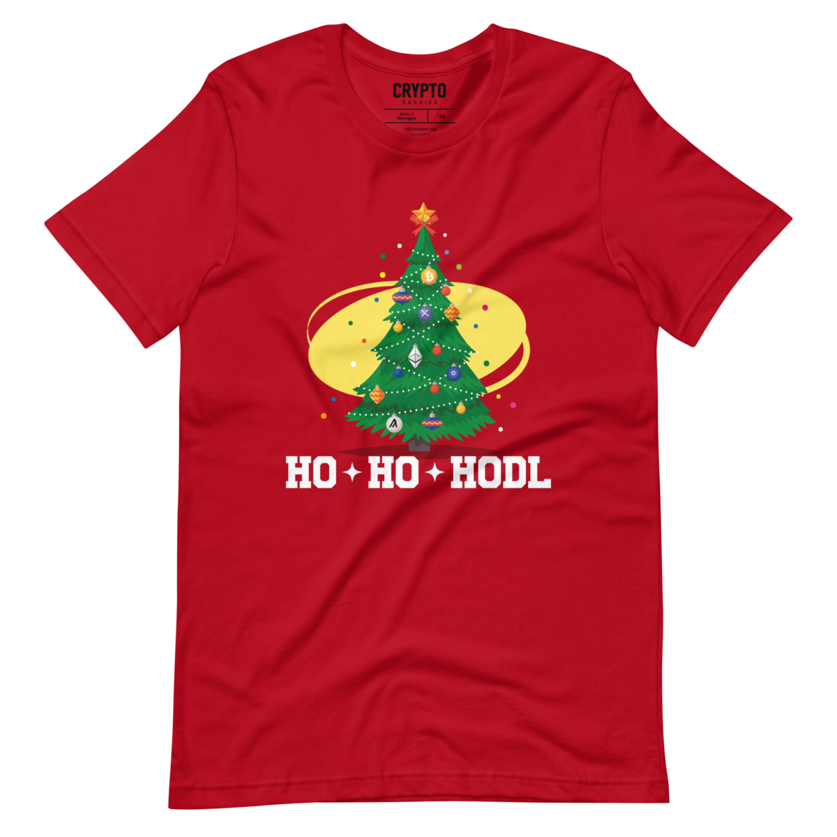 unisex staple t shirt red front 638a3311246b0 - HO! HO! HODL! Xmas Tree T-Shirt