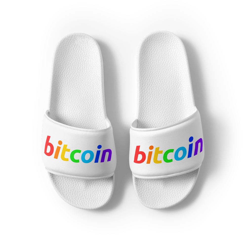 mens slides white front 2 6491c96e91887 - Bitcoin Rainbow Logo Men’s Slides