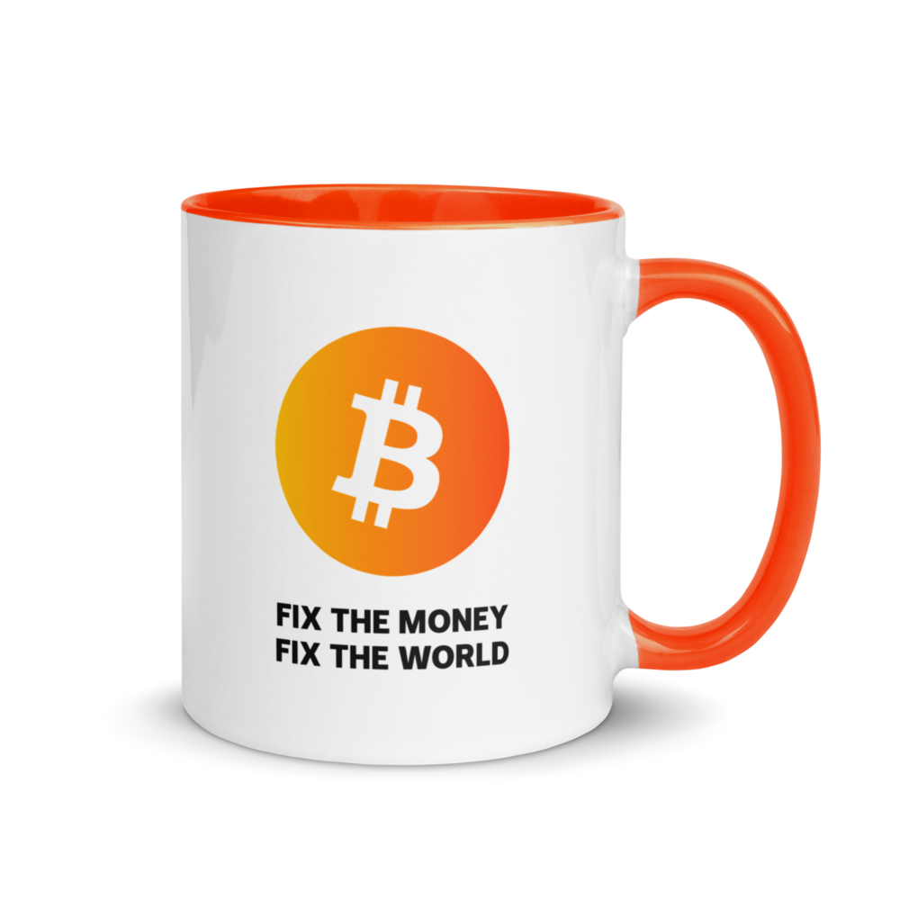 white ceramic mug with color inside orange 11 oz right 676d5e081a05d - Fix The Money, Fix The World Mug