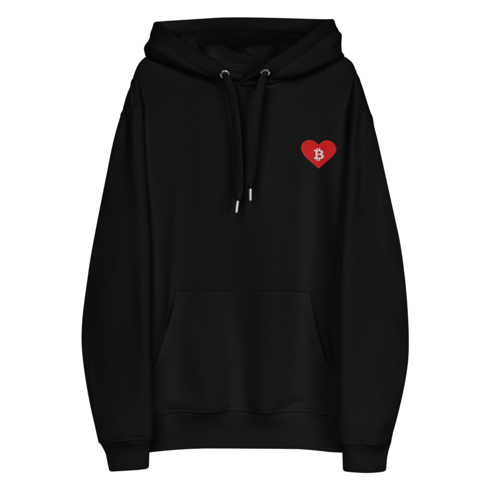 premium eco hoodie black front 67b37e730f036 - Bitcoin Heart (Embroidery) Premium Hoodie