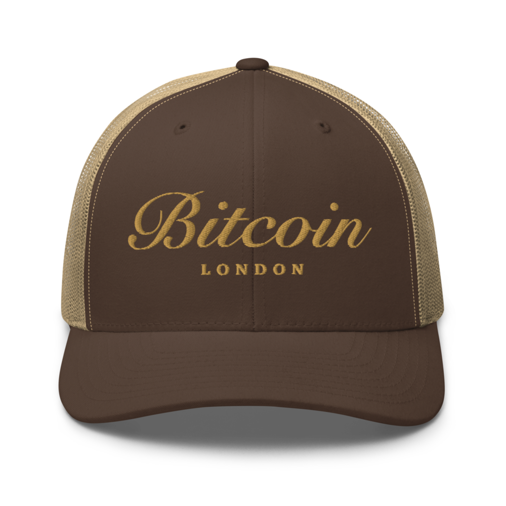 retro trucker hat brown khaki front 67ba39915c4ea - Bitcoin: London Trucker Cap