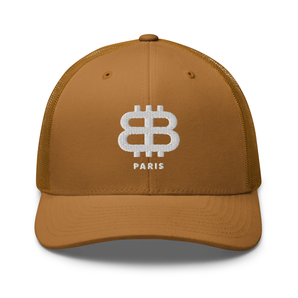 retro trucker hat caramel front 67b3478ed4e0e - Bitcoin Paris Trucker Cap